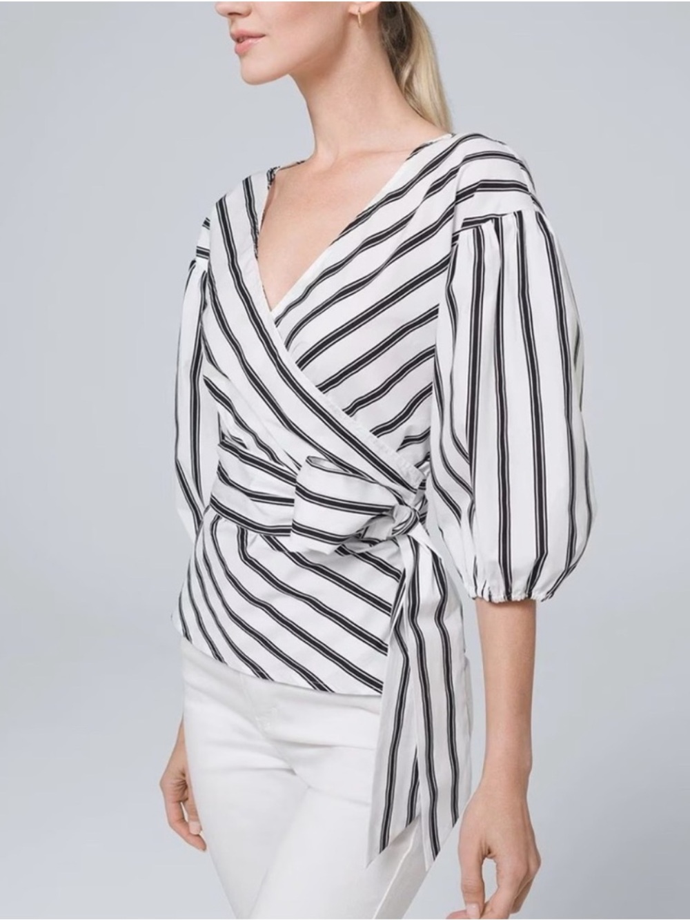 New White House Black Market Blouse XS como Striped Poplin 3/4 Sleeve Wrap Top